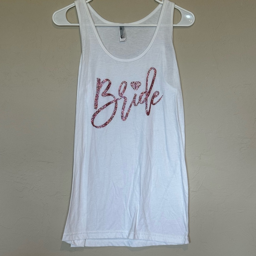 White bride tank with sparkle pink bride lettering size M